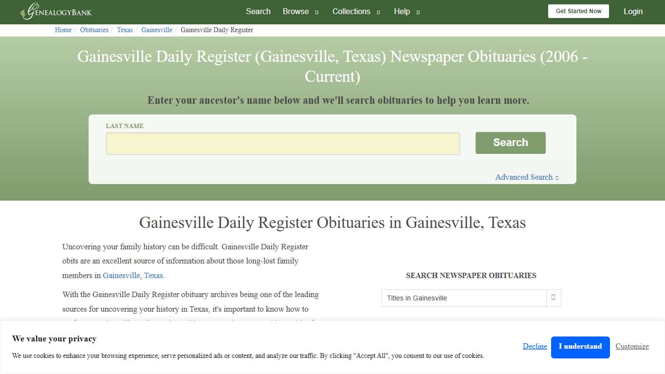 Gainesville Daily Register Obituary Archives Search in Gainesville, Texas | GenealogyBank